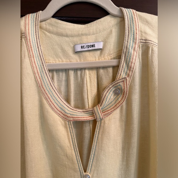 NWOT Redone RE/DONE light yellow soft linen dress w/contrast stitching & pockets - Picture 4 of 5